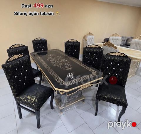 Dəbdəbəli yemək otağı dəsti - Komplekt: 1 masa + 6 stul - Dizayn — Bakı