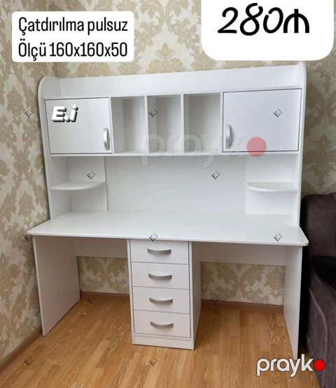 Məhsul: Ağ rəngli iş/oxu masası üst dolablı Ölçü: 160 x 160 x 50 sm — Bakı