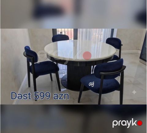 Yemək otağı üçün müasir masa-stul dəsti. - Dairəvi masa: parlaq — Bakı