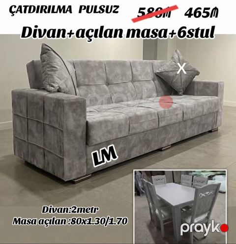 Divan + açılan masa + 6 stul dəsti - Divan: 2 metr, boz rəng, yumşaq — Bakı