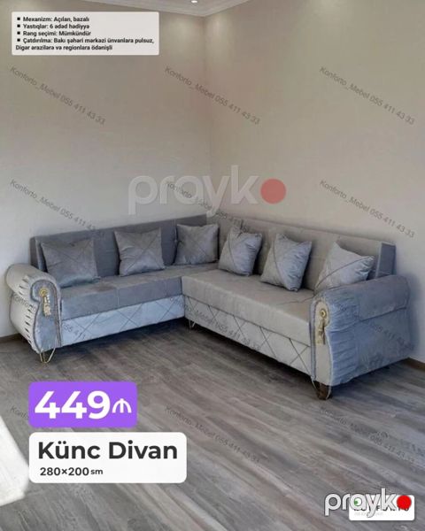 Künc divan – 280×200 sm Mexanizm: açılan, bazalı (yataq funksiyası — Bakı