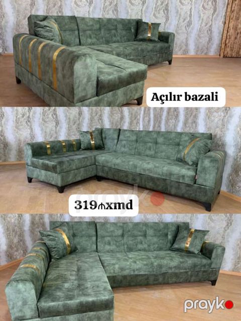 Məhsul: Açılır-bazalı L formalı künc divan - Rəng: təbii yaşıl ton — Bakı