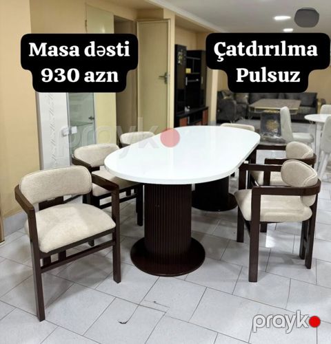 Masa dəsti – 930 AZN - Oval formalı geniş süfrə səthi, parlaq ağ — Bakı