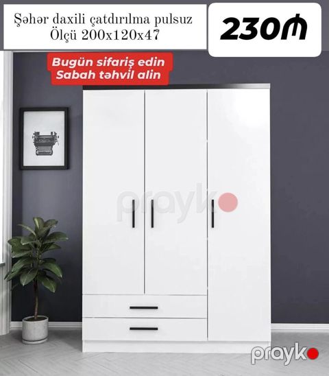 Ağ rəngli 3 qapılı paltar dolabı Ölçü: 200 x 120 x 47 sm — Bakı