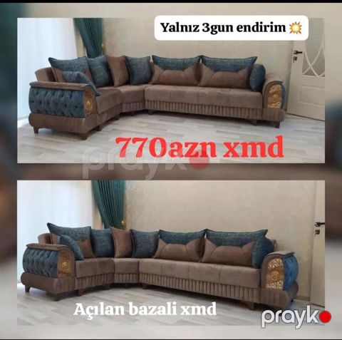 Künc divan dəsti – açılan, bazalı model. - L‑şəkilli dizayn, geniş — Bakı