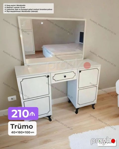 Trümo – 40×160×100 sm - Geniş güzgülü dizayn, klassik ağ rəng və qara — Bakı