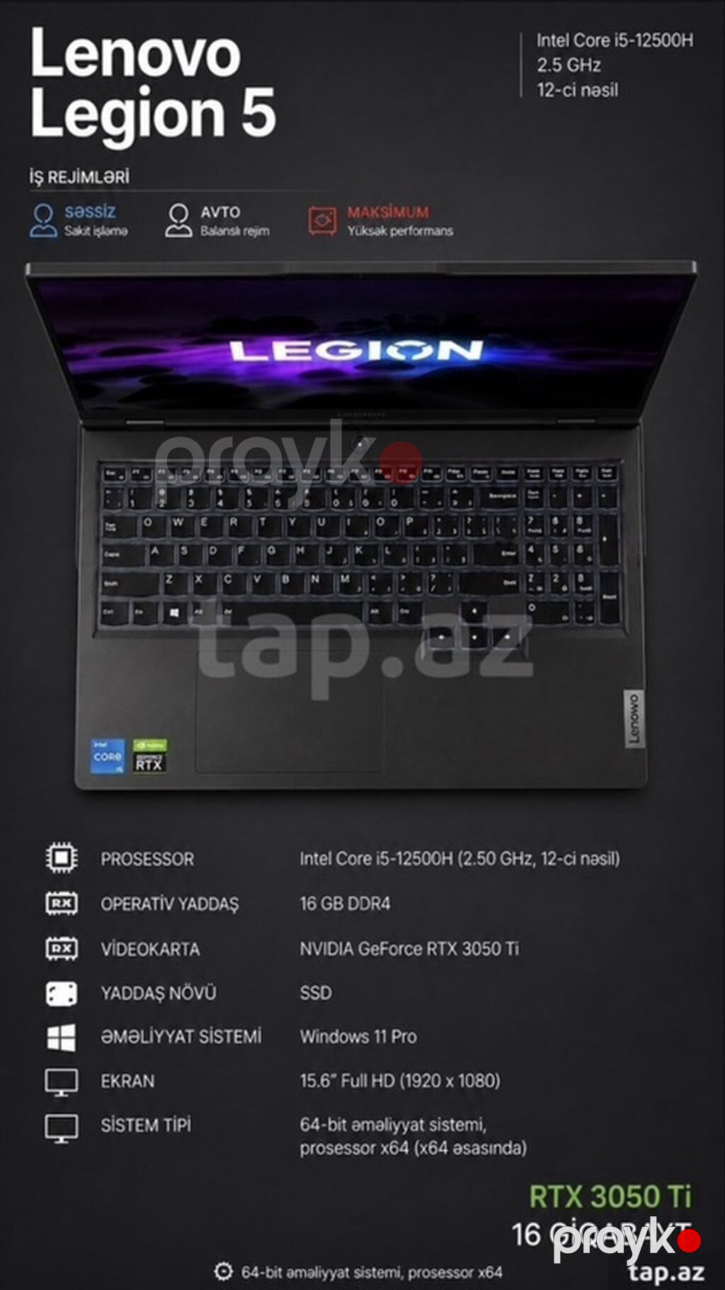 İşlənmiş Lenovo Legion, 15.6 Intel Core i5, 512 GB, Ünvandan götürmə — Lenovo, Saray (4)