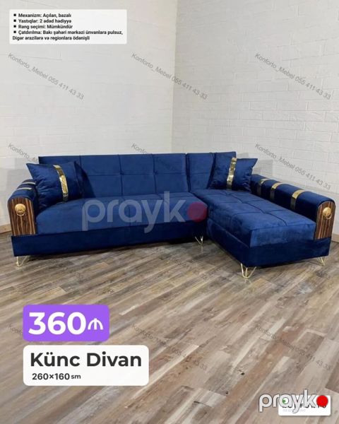 Künc divan – 260×160 sm Mexanizm: açılan, bazalı (yataq funksiyası — Bakı
