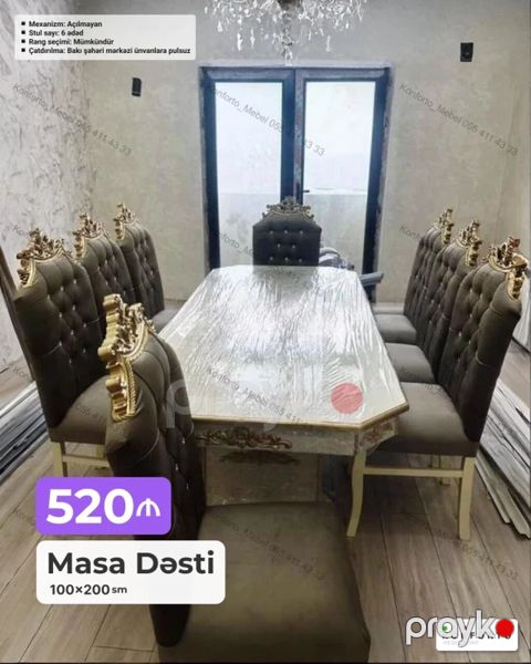 Masa Dəsti – 100×200 sm - Klassik dizaynlı böyük yemək masası və 6 — Bakı
