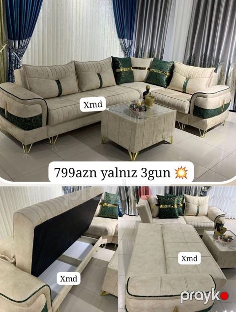 Modern künc divan dəsti - Künc formasında, krem rəngli yumşaq parça — Bakı