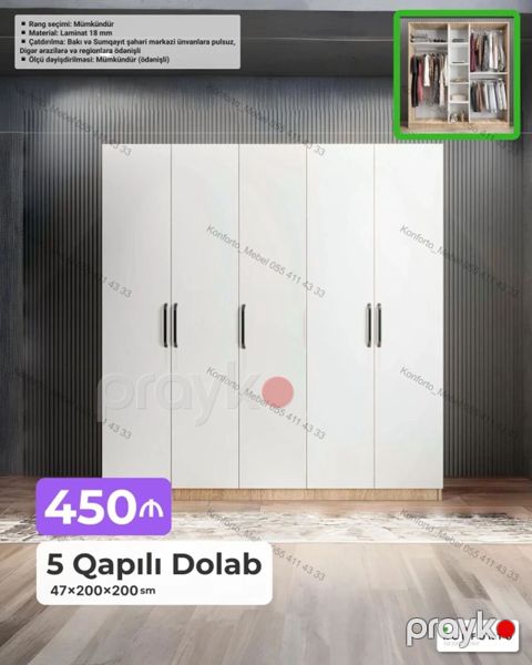 5 qapılı paltar dolabı - Ölçü: 47 200 200 sm - Material: 18 mm — Bakı