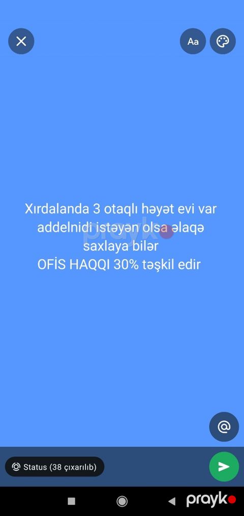 Xırdalanda 3 otaqlı həyət evi təklif olunur. Mətndə qeyd: “Ofis haqqı — Xırdalan