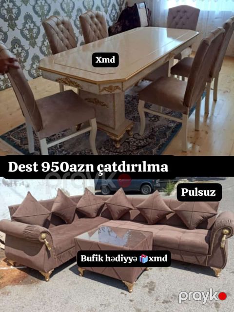 Dəst: Klassik üslubda yemək otağı dəsti və L formalı yumşaq künc — Bakı