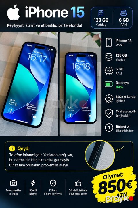 IPhone 15, 128 GB, Black Titanium, Zəmanət, Simsiz şarj, Face ID — Digah