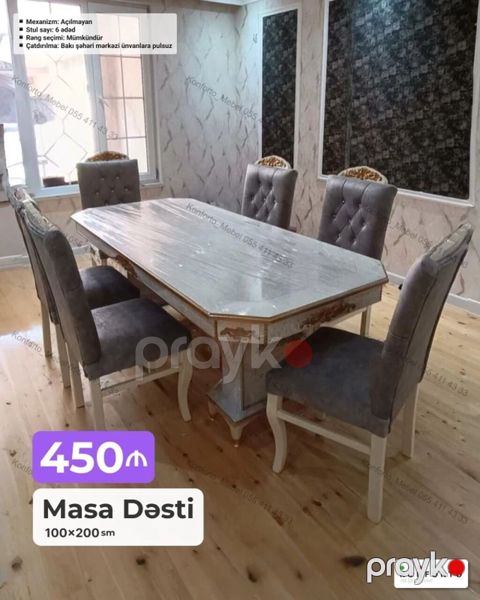 Məhsul: Masa Dəsti Ölçü: 100×200 sm Komplekt: 6 ədəd stul + masa — Bakı
