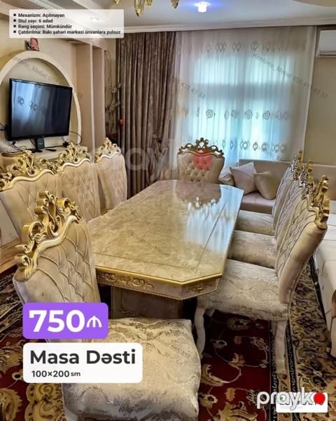 Masa dəsti – klassik dizayn - Ölçü: 100×200 sm masa - Stul sayı: 6 — Bakı