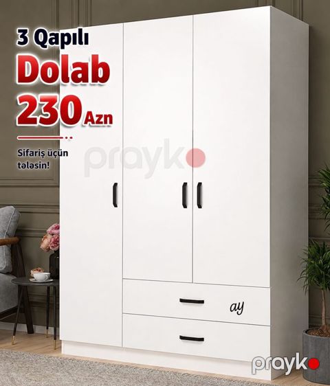 3 qapılı paltar dolabı - Minimalist, ağ dizayn – istənilən interyerə — Bakı
