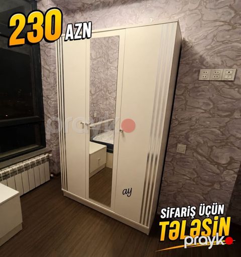 Ağ rəngli 3 qapılı paltar şkafı - Ortada tam boy güzgü qapı - Yanlarda — Bakı