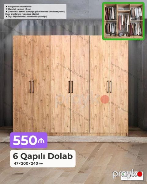 6 qapılı paltar dolabı - Ölçü: 47 200 240 sm - Material: 18 mm — Bakı
