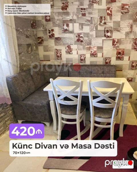 Künc Divan və Masa Dəsti Ölçü: 70×120 sm Dəst tərkibi: - Künc divan — Bakı