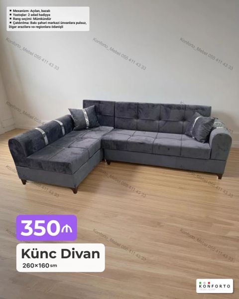 Künc divan – 260×160 sm - Qatlanan/açılan mexanizm, bazalı model — Bakı