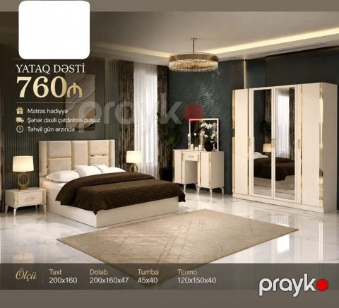 Yataq Dəsti – elegant krem və qızılı detallarla Komplektə daxildir — Bakı