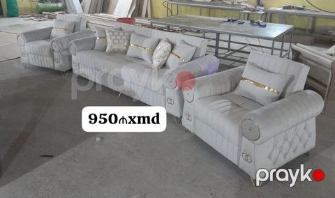 Mebel dəsti – 3+1+1 - Rəng: açıq boz (qızılı dekor elementləri ilə) — Bakı