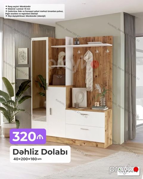 Dəhliz dolabı – 40×200×160 sm - Dizayn: Ağ və ağac teksturalı — Bakı