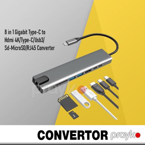 Konvertor "8 in 1 Gigabit Type-C to Hdmi 4K / Type-C / USB 3.0 /SD-MicroSD/RJ45" — Bakı