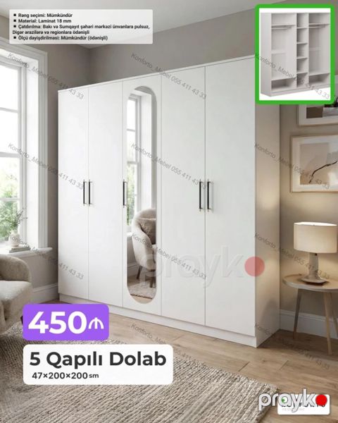 5 qapılı qarderob dolabı – 47×200×200 sm - Material: 18 mm laminat — Bakı