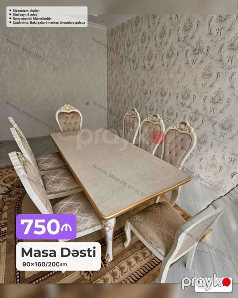 Masa Dəsti – 90×160/200 sm Mexanizm: açılan (uzanan masa) Stul — Bakı