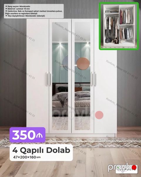 Məhsul: 4 qapılı paltar dolabı - Ölçü: 47×200×160 sm - Material: 18 — Bakı