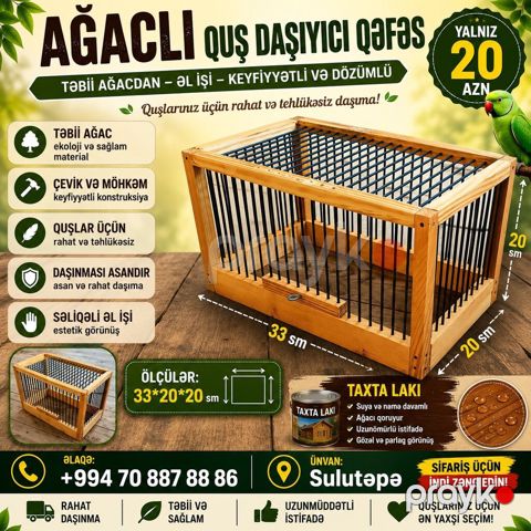 Daşıyıcı qəfəs Ağaclı quş daşıyıcı qəfəs – təbii ağacdan, əl işi — Xırdalan