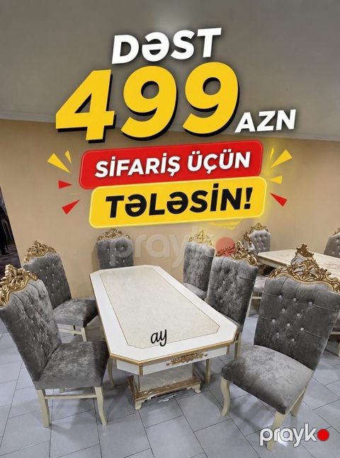 Yemək otağı dəsti – 499 AZN - Komplekt: 1 yemək masası + 6 stul — Bakı