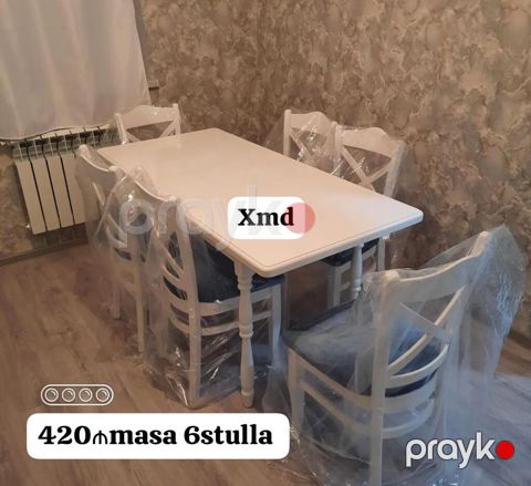 Ağ rəngdə yemək otağı dəsti: - 1 ədəd düzbucaqlı masa, klassik — Bakı