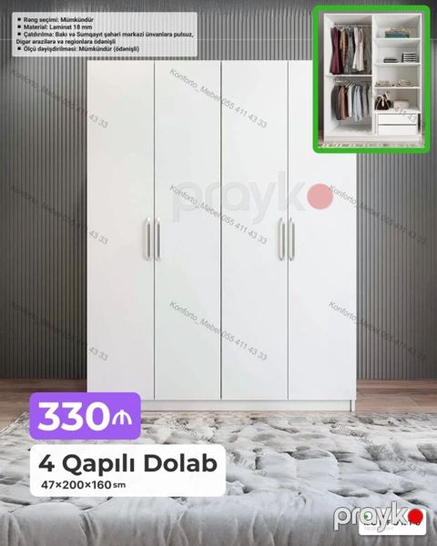 4 qapılı geyim dolabı – 47×200×160 sm Material: 18 mm laminat — Bakı