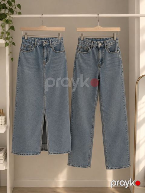 Mavi klassik denim seti – cins ətək və cins şalvar Hər ikisi gündəlik — Hacıqabul