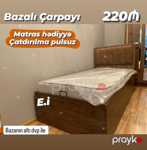 Bazalı çarpayı - Rəng/üslub: taxta teksturalı gövdə, yumşaq başlıq — Bakı