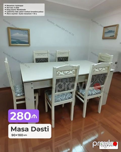 Məhsul: Masa dəsti - Ölçü: 90×160 sm - Komplekt: 1 masa + 6 stul — Bakı