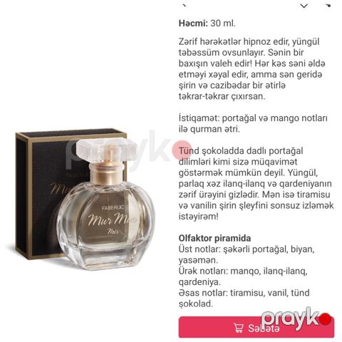 Faberlic Mur Mur Noir – 30 ml qadın parfümü. İstiqamət: portağal və — Masazır