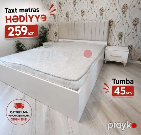Ağ rəngli müasir yataq dəsti: - Taxt: yumşaq, şaquli tikişli başlıqla — Bakı