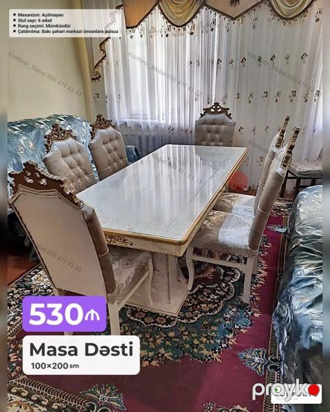 Masa Dəsti – 100×200 sm - Mexanizm: Açılmayan masa - Dəst: 1 masa + 6 — Bakı