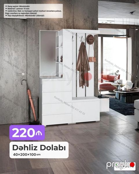 Dəhliz dolabı – 40×200×100 sm - Rəng seçimi: mümkündür - Material: 18 — Bakı
