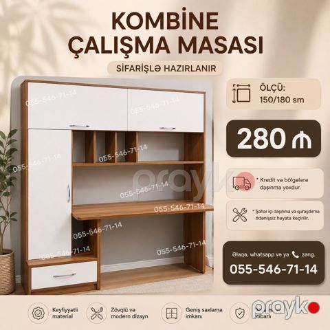 Kombinə iş masası – sifarişlə hazırlanır. Ölçü: 150/180 sm — Bakı