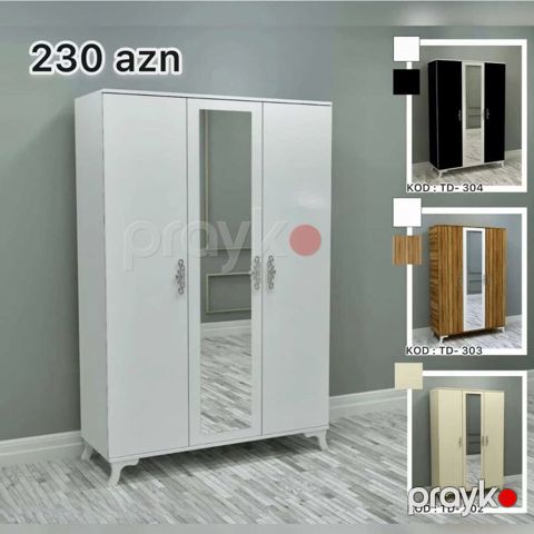 Üç qapılı paltar şkafı – güzgülü model Qiymət: 230 AZN (şəkildə — Bakı