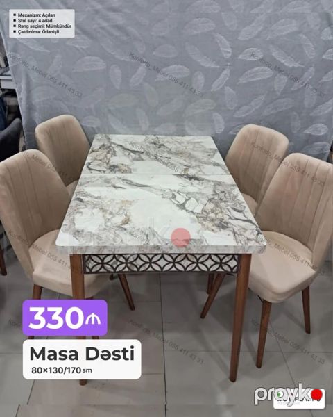 Masa Dəsti – 80×130/170 sm - Məhsul: Açılan mexanizmalı masa + 4 ədəd — Bakı