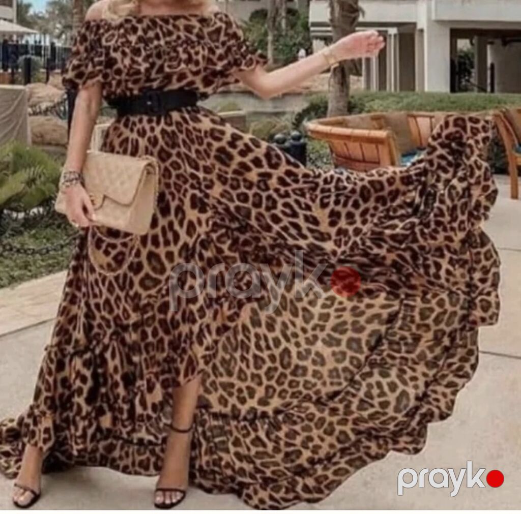 Leopard naxışlı maxi don - Stil: geniş ətəkli, axıcı maxi siluet — Axşam paltarları, Bakı
