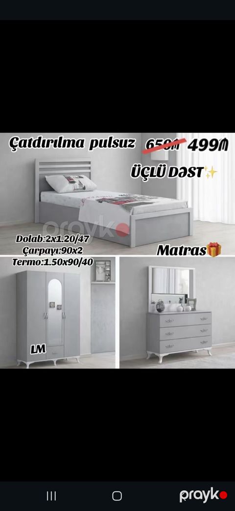 Üçlü yataq otağı dəsti – boz rəng Çarpayı: 90×200 sm Dolab — Mehdiabad