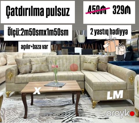 Künc divan dəsti - Ölçü: 2 m 50 sm x 1 m 50 sm - Açılır mexanizmli — Bakı