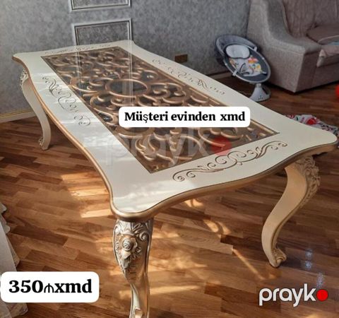 Klasik üslubda yemək masası - Material: taxta karkas, üst hissə şüşə — Bakı